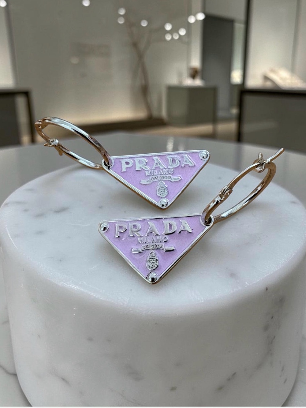 Pink Silver Triangle Hoop Earrings